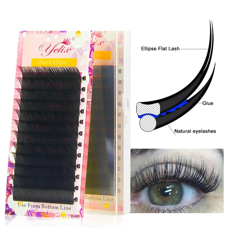 フラット楕円 スプリットチップ ブラックまつ毛エクステ 0.15-0.20mm